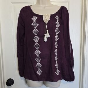 Lucky Brand Plum Blouse with White Embroidery